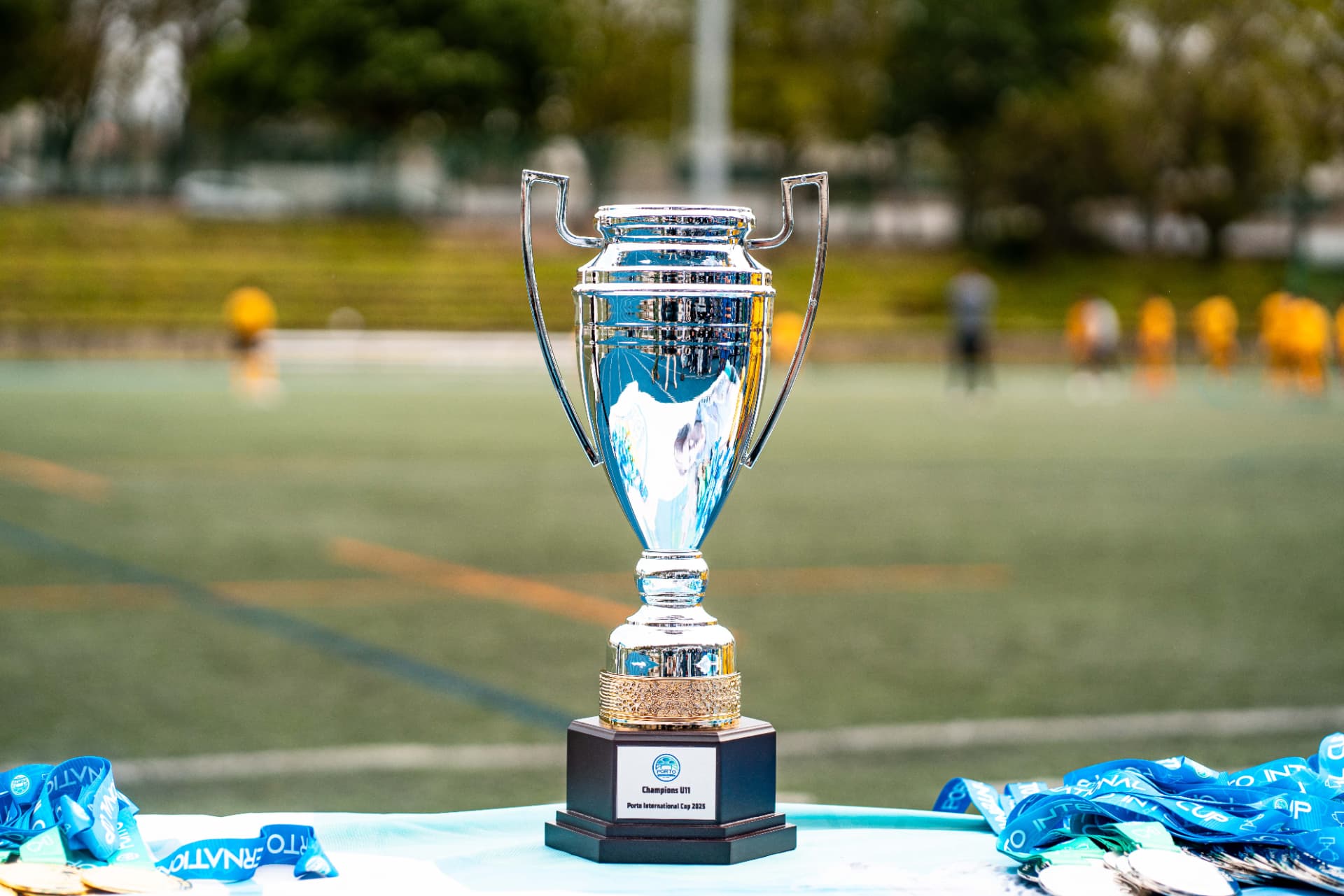 Champions trophy and medals on display
